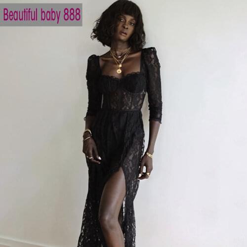 Meqeiss Sexy Hollow See-Though Elegant Dresses Bodycon For Womens Lace 2021 Summer Party Female Loose Long Dress Mujer Vestidos