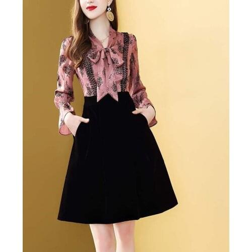 Ladies' stitching floral dress Women spring Autumn 2021 new two-piece High waist Dress Vintage Pocket Slim A-Line Knee Dresses