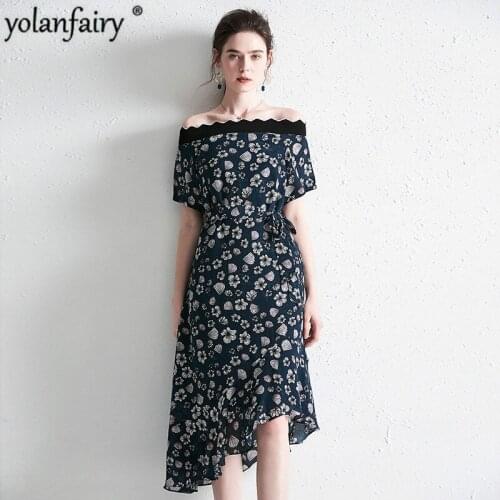Summer Silk Dress Women Floral Off Shoulder Dress Elegant 100% Silk Beach Boho Strapless Dress Party Vestidos Fsz-19017 KJ4638