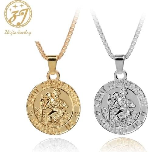 Zhijia unisex Jesus christian chain Necklace Saint christopher prayer necklaces Round Silver Gold color Christ Jewelry Gift