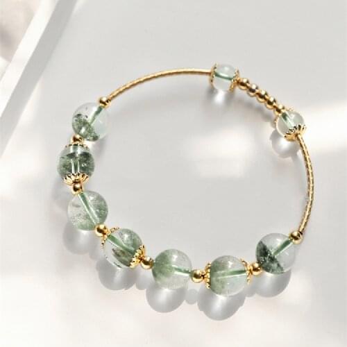 Lucky 14k Gold Transfer Beads Natural Green Ghost Crystal Beaded Bracelet Female Simple Jewelry