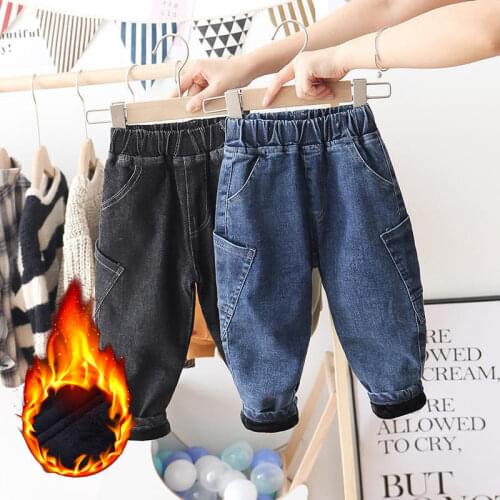 2020 girls boys jeans velvet warm denim pants baby Kids pockets long pant trousers Children Clothes