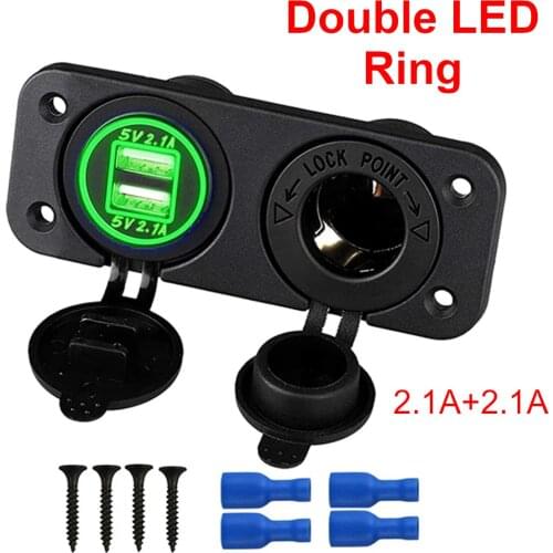 4.2A 2.1A Dual USB Charger Socket Adapter with Panel Car Cigarette Lighter Splitter 2 In 1 Double Ring for Bus Boat RV Truck