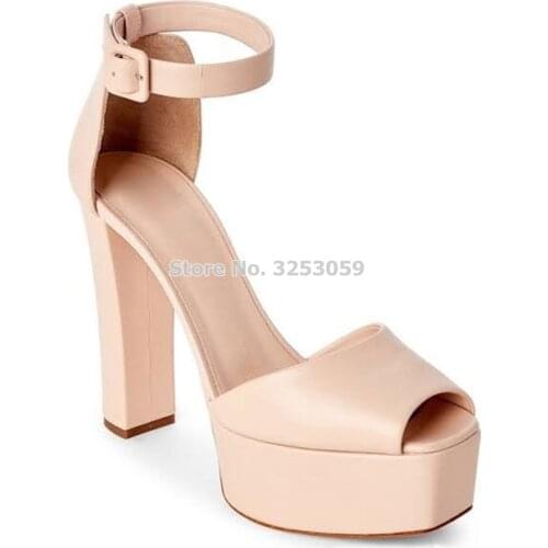 ALMUDENA New Arrived Color Nude Matte Chunky Heels Sandal Shoes High Platform Buckle Strap Gold Silver Banquet Shoes Pumps