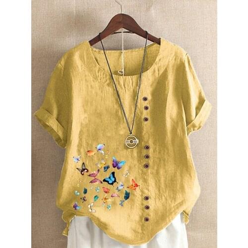 Womens New Fashion O-neck Butterflies Printed Short Sleeve Tops Loose Linen T-Shirt Casual Blouse S-5XL