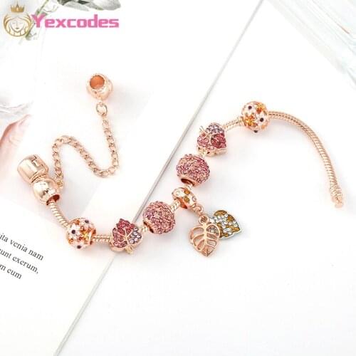 Yexcodes Rose Gold Leaf Charm Bracelet With Petal Beads Suitable For Fine Bracelets Women’s Party Jewelry Dropshipping