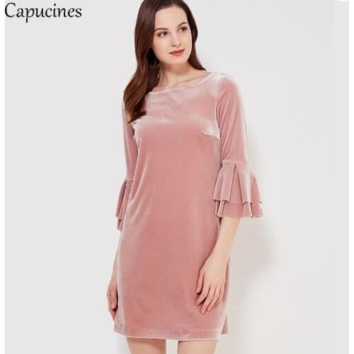 Capucines Fall High Quality Butterfly Sleeve Velvet Dress Autumn Woman Three Quarter O-Neck Ruffles Party Mini Dresses