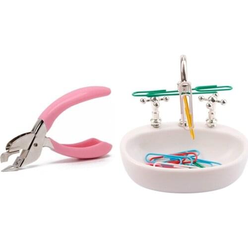 PPYY-Paper Clip Holder - Kitchen Sink Design & Handheld Staple Remover Lifter Opener Spring-Loaded Staple Puller (Pink)
