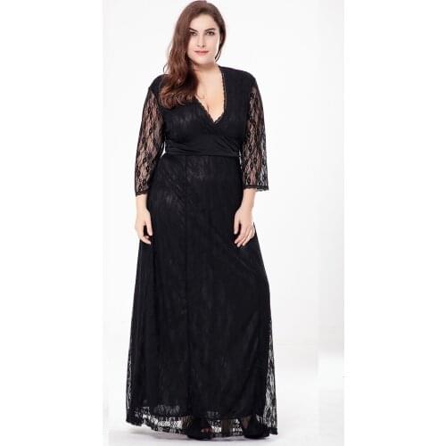 Long Elegant Dresses For Women Sexy Black Hollow Lace V-Neck A-Line Slim Prom Wedding Evening Dress Plus Size Women Clothing