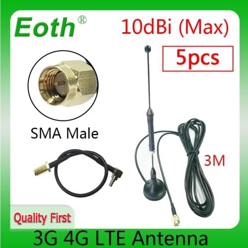 5pcs 4G LTE Antenna 10dbi SMA Male Connector 698-960/1700-2700Mhz magnetic base 3M Cable + 20cm SMA Female to CRC9 Male Cable
