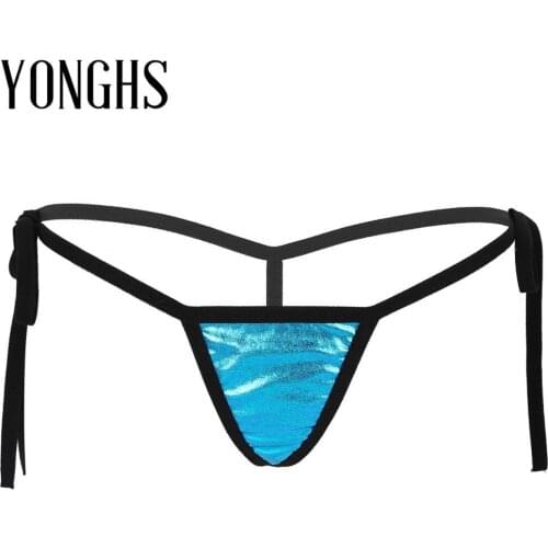 Womens Erotic Lingerie Thong Underwear Shiny Metallic Lingerie Low Rise Tie-Side T-Back Mini G-String Sexy Thong Bikini Briefs