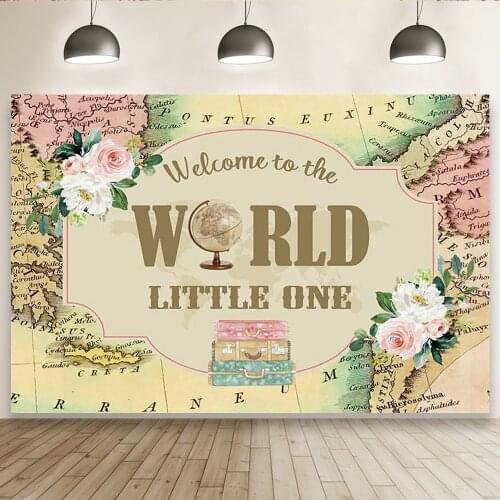 World Travel Flowers Decor Backdrop Happy First Birthday Baby Welcome Little One Studio Photo Background Supplies Banner Prop