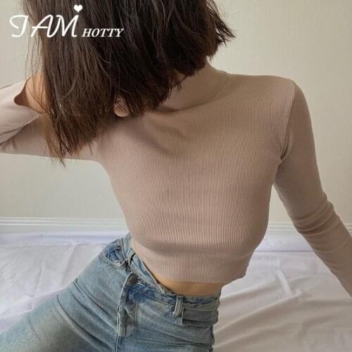 Solid Nude Basic Casual Cotton T-shirt Women Turtleneck Long Sleeve Stretchy Elegant Korean Skinny Crop Top Tees Spring Iamhotty