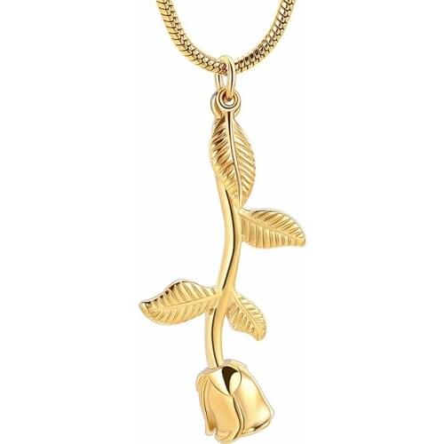 IJD10034 Gold Color Rose Flower & Leaf Cremation Jewelry Necklaces for Ashes Urn Pendant Memorial Keepsake Jewelry