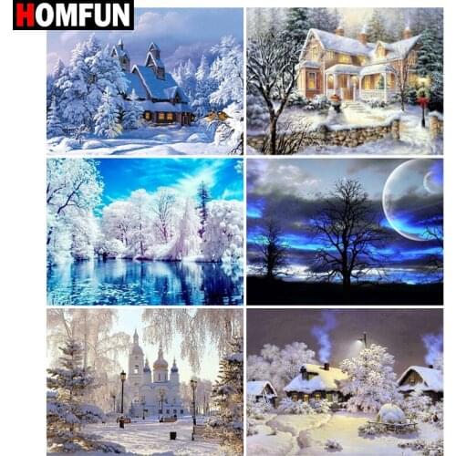 HOMFUN Rhinestone Painting Crystal Decor Diy Diamond Painting "Snow winter house" 3D Cross Stitch Pattern Diamond Embroidery
