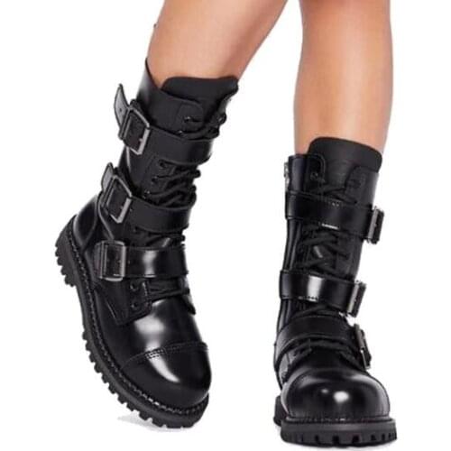 Fashion Girls Black Matte Leather Round Toe Buckles Flat Martin Ankle Boots Ladies Cross Lace Up Zipper Side Casual Short Boots