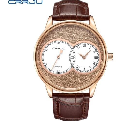 Hot Sale CRRJU 2133 Leather Band Dual Time Hand Watch Man Watches Top Luxury 2021 Man Quartz Business Wristwatches