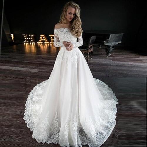 Fascinating Tulle Off-the-shoulder Neckline A-line Wedding Dresses with Bling Bling Lace Applique Long Sleeves Bridal Gowns