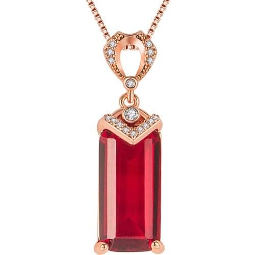 Vintage Luxury Red Crystal Ruby Gemstones Diamonds Pendant Necklaces for Women Rose Gold Color Jewelry Bijoux Party Accessories