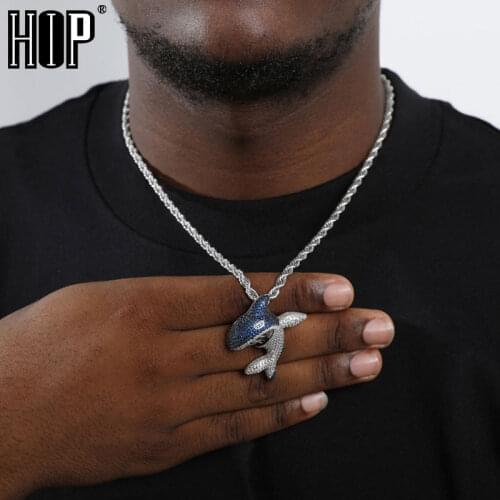 Hip Hop Bling Shiny Iced Out Micro Paved CZ Blue Shark Shape Necklaces & Pendants For Men Rapper Jewelry With Tennis Chain