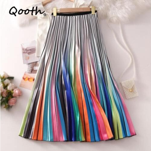 Qooth New Printed Rainbow Pleated Skirt Mid-Length A-Line Spring Autumn Skirt Color Matching Lining High Waist Skirt QT560