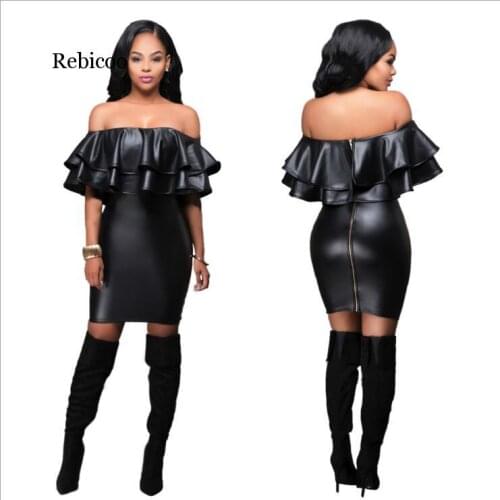 Sexy Ladies Ruffles Decorated Slash Neck Slim Fit Skinny Leather Dress Sheath Dress Club Dress