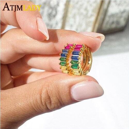 Minimal Cubic Zirconia Baguette Stones hoop huggie Ear Earring Shinning Wedding gold filled delicate colorful rainbow cz earring