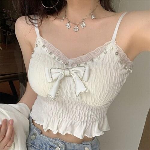 Vintage Tube Top Sling Camisoles Women White Bow Stitching Pearl Camis Folding Skinny Tank Tops Female Ruffle Crop Tops Summer