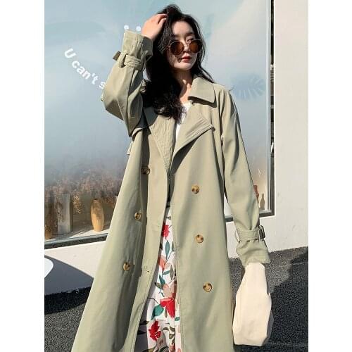 Womens Windbreaker Spring And Autumn New Korean Fashion Loose Solid Color Wild Double-breasted Long-sleeved Feminine Coat M076