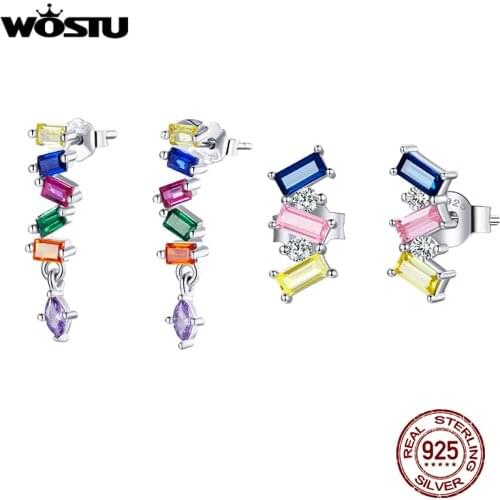 WOSTU Silver 925 Geometry Earrings Long Beating Colorful Ziron Rainbow Earrings For Women Luxury Silver Sterling Jewelry CQE1185