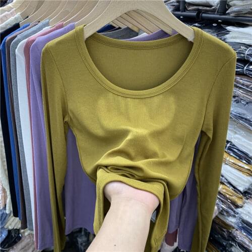 Womens Casual Solid Color O Neck Long Sleeve T Shirt Spring Autumn Streetwear Strechable Bottoming Tees Top Ladies T-shirt