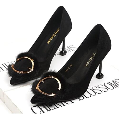 2020 Women Shoes Pointed Toe Pumps Flock Dress Fashion Spring metal 9CM Fine High Heels Boat Shoes Basic 35-40