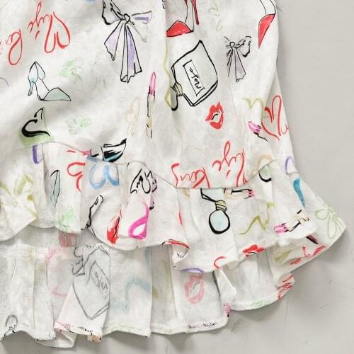 White Graffiti Printing Knee-Length Dress Womens V-Neck Ruffles Short Sleeve Sweet Female Robe 2021 Spring Summer