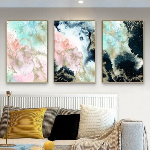 Gold Pink White Blue Abstract Poster Watercolor Texture Wall Art Canvas Painting Modern Art Picture Living Room Decoration