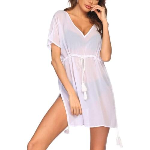 2021 Sexy Womens Bikini Cover Up Solid Mesh Perspective Swimsuit Cover Dress Short Sleeve V-neck Swimwear Cover Ups Beachwear