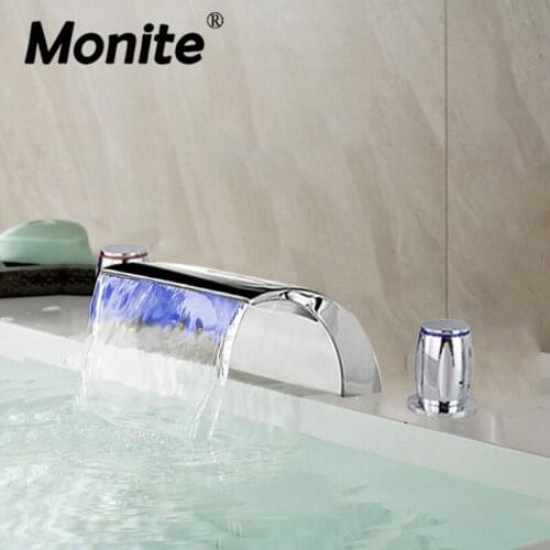 Chrome Brass Deck-mounted Widespread Chrome Polished LED 3 Pcs Bathroom Faucet Lavatory Basin Sink Mixer Tap