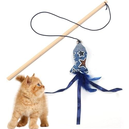 40cm Pet Cat Teaser Toys Feather Linen Wand Cat Catcher Teaser Stick Cat Interactive Toys Wood Rod Toys for Cats with Mini Bell