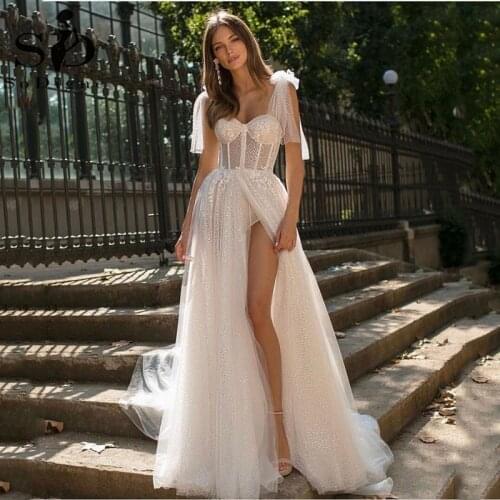 SoDigne Glitter Wedding Dresses Boho Appliques Lace A-Line Ivory Tulle Sexy Side Split Bridal Gown 2021 Country Party Dresses