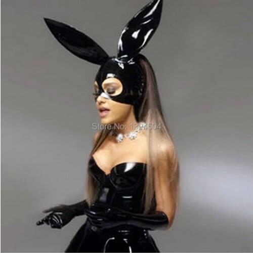 Fast shipping sexy black latex christmas bunny rabbit mask hoods unisex fetish rubber party hood gummy with hole plus size