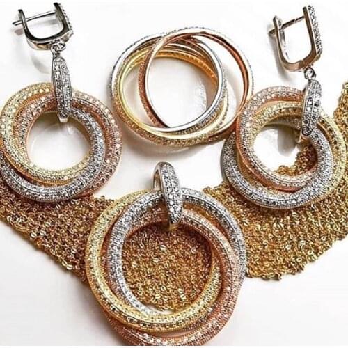 Tricyclic Solid Silver Ring Set Pendant Earrings High Quality Wedding Engagement White Gold Rose gold Combination Jewelry Set