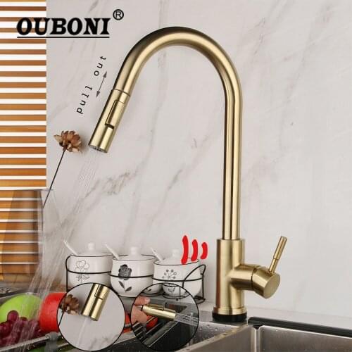 Touch Control Kitchen Faucet Stainless Steel Smart Sensor Touch Kitchen Mixer Faucet Golden Brush Pull Down Tap Faucet