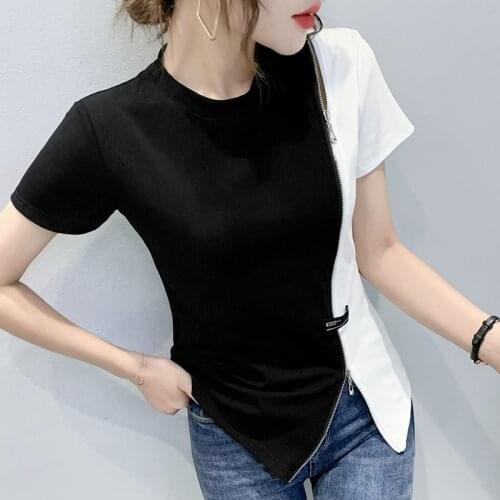 Summer The New zipper design T Shirt O collar Women Short sleeve Slim Tshirt Tops woman t shirts Large size