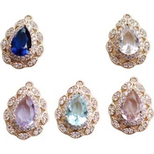 2021 New True Gold Plated Copper Multi Zircon Water Drop Necklace Pendants DIY Earring Charms Jewelry Making Accessory
