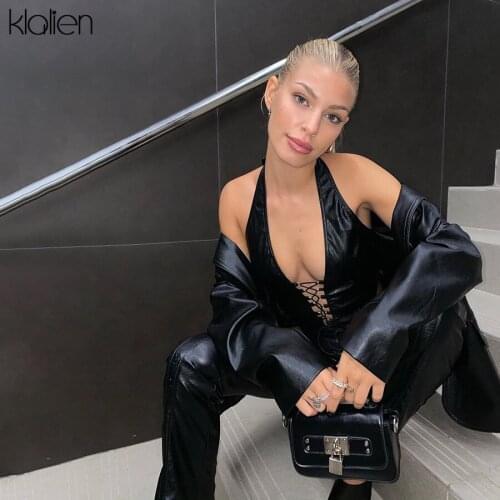KLALIEN Fashion Sexy Black Low Bust Bandage PU Leather Women Tank Top Casual High Street Skinny Wild Female Vest 2020 New