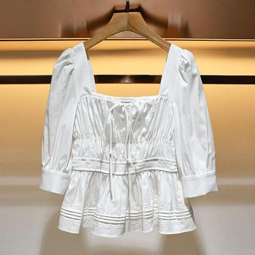 New 2021 spring womens wear n20c0104 square neck elastic belt waist closing bow Chiffon Top s210340