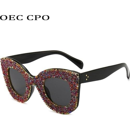 OEC CPO Fashion Rhinestone Cat eye Sunglasses Women Colorful Crystal Goggle Sun Glasses Ladies Diamond Eyeglasses Female UV400