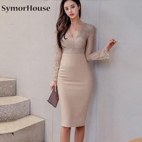 High Waist Pencil Dress 2021 Spring Pink Shirt Collar Sexy See-Through Lace Puff Sleeves Elegant Womens Tight Office Dress