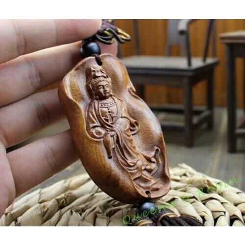 Wood Carving Chinese Knot Quan Guan Kwan Yin Car Pendant Amulet Wooden Craft