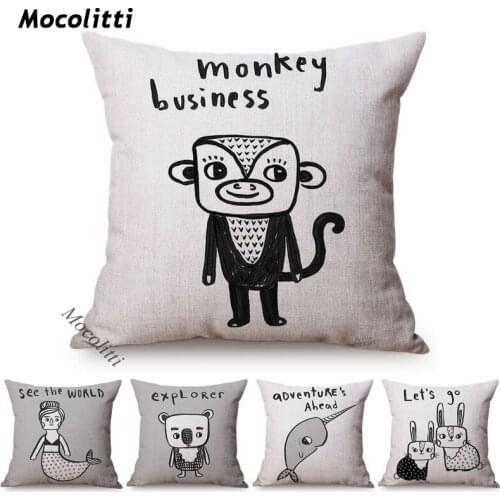 Nordic Hand-Painted Cartoon Style Decoration Cushion Cover Monkey Rabbit Mermaid Pattern Cute Kids Room Sofa Throw Pillows Case