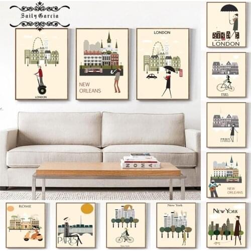 Modern Minimalist Cartoon Travel City Architecture Poster Rome Paris Animation Canvas Prints Interior Paintings for Home Decor